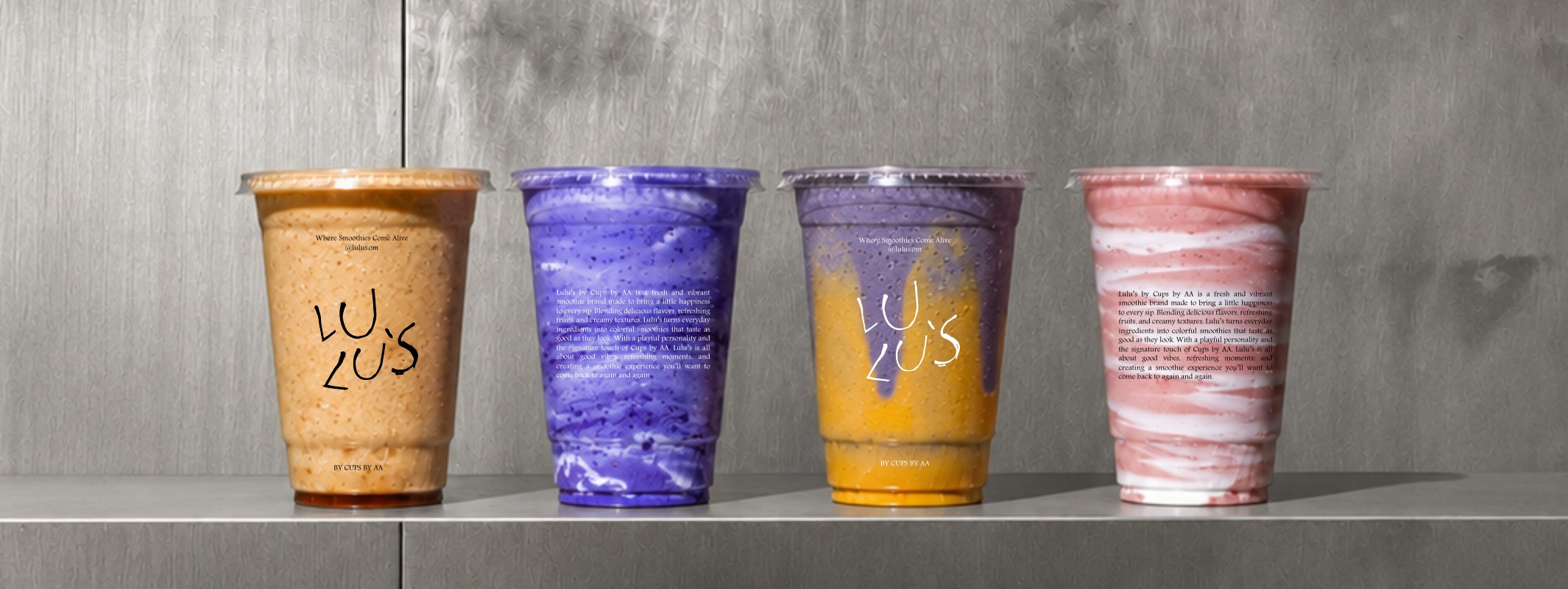 Four Lulu's smoothies in 16 oz cups
